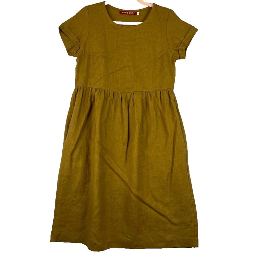 Pyne & Smith European Linen Dress Small Olive Green Short Sleeve Gathered Waist